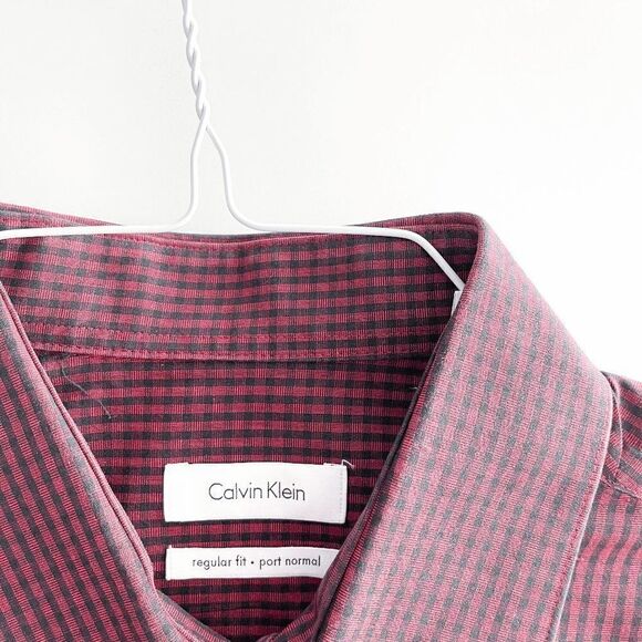 Calvin Klein Mens Button Down Shirt Micro Checkered Regular Fit Red Black 16 - Picture 4 of 9